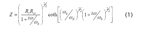 電気化学 の基礎：「図1.TiO2アノードの伝送線モデル」のインピーダンス式
