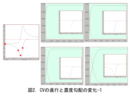 電気化学 の基礎：図2.CVの進行と濃度勾配の変化-1