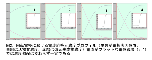 電気化学 の基礎：図2.回転電極における電流応答と濃度プロファイル（左端が電極表面位置、黒線は活物質濃度、赤線は還元生成物濃度）電流がフラットな電位領域（3,4）では濃度勾配は変わらず一定である 