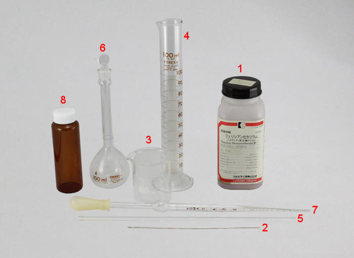図4-1：2 mM フェリシアン化カリウム溶液の調製に必要なもの:（1）フェリシアン化カリウム、（2）スパチュラ、（3）50 mL ビーカー、（4）100 mL メスシリンダー、（5）ガラス棒（攪拌棒）、（6）100 mL メスフラスコ、（7）5 mL ピペット、（8）遮光ガラス瓶（保管用）