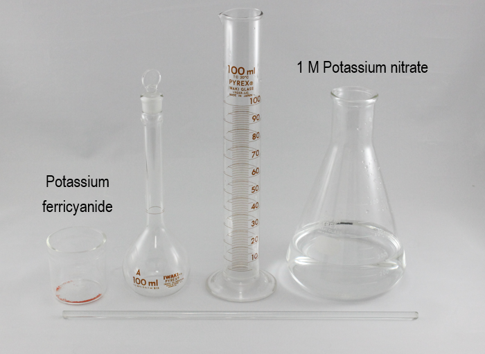 図6-1：前項で調製した 1 M 硝酸カリウム水溶液 をビーカーに少量加え、ガラス棒（5）で混合してフェリシアン化カリウムを溶解させます。100 mL メスシリンダー（4）は、ビーカーに硝酸カリウム水溶液を移す際に溶液こぼれを防ぐために使用します。