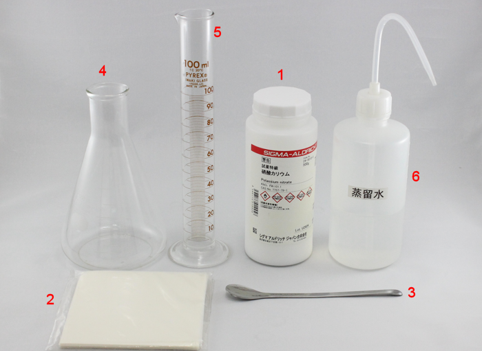 図1：準備するもの:（1）硝酸カリウム、（2）薬包紙、（3）スパチュラ、（4）500 mL 三角フラスコ、（5）100 mL メスシリンダー、（6）蒸留水