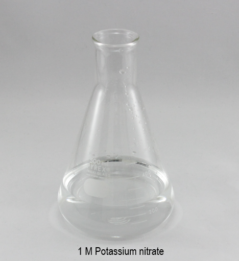 図3:秤量した硝酸カリウムを500 mL 三角フラスコ(4)に移し、250 mLの蒸留水(6)で溶解します。蒸留水の量は、メスシリンダー(5)を用いて測ります。